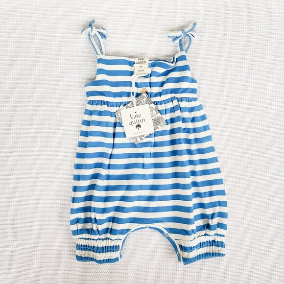 Kate Quinn Gathered Smock Tie Jumpsuit Mediterranean Stripe 0-3 Months Organic - Picture 1 of 10